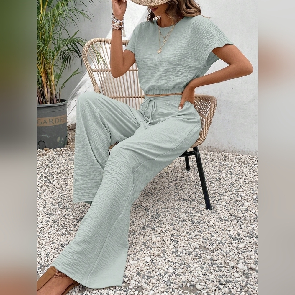 Women's Pants Set Loose Texture Solid Color Casual Two Piece Suit - Picture 4 of 6
